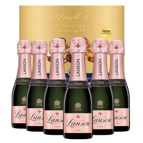 Mini Lanson Le Creation Rose Champagne 20cl Case of 6 with Lindt Swiss Tradition Chocolates 193g